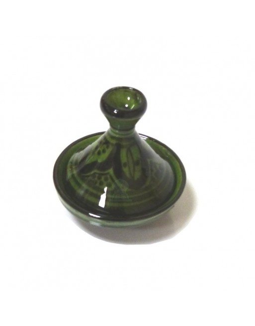 Mini tajine marocain décoratif en poterie de couleur verte émaillé avec motifs noirs peints 