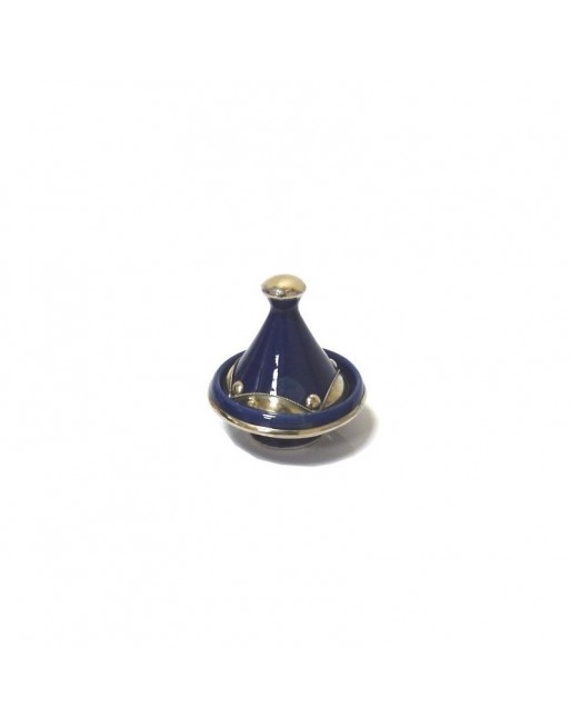 Mini tajine marocain décoratif en poterie cerclé de métal argenté de couleur bleue émaillé Mini tajine marocain décoratif en poterie cerclé de métal argenté de couleur bleue émaillé